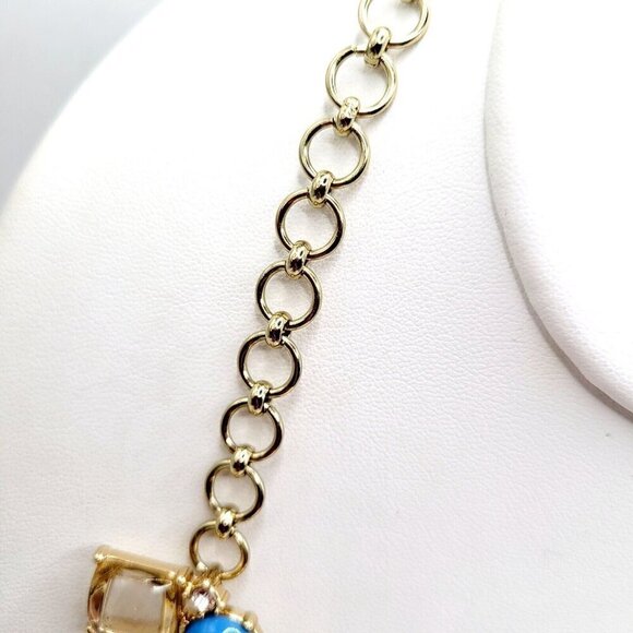 J. Crew Statement Necklace Coral Blue Gold Tone Poured Glass Look SIgned 21.5" - Picture 5 of 9